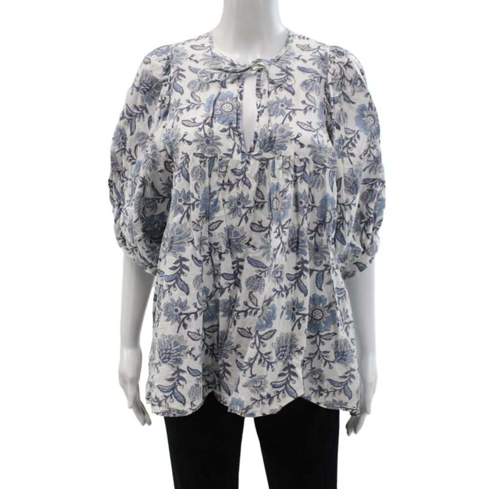 Millie Women Tunic Blouse Blue Floral 3/4 Sleeve Round Neck Cotton Size M